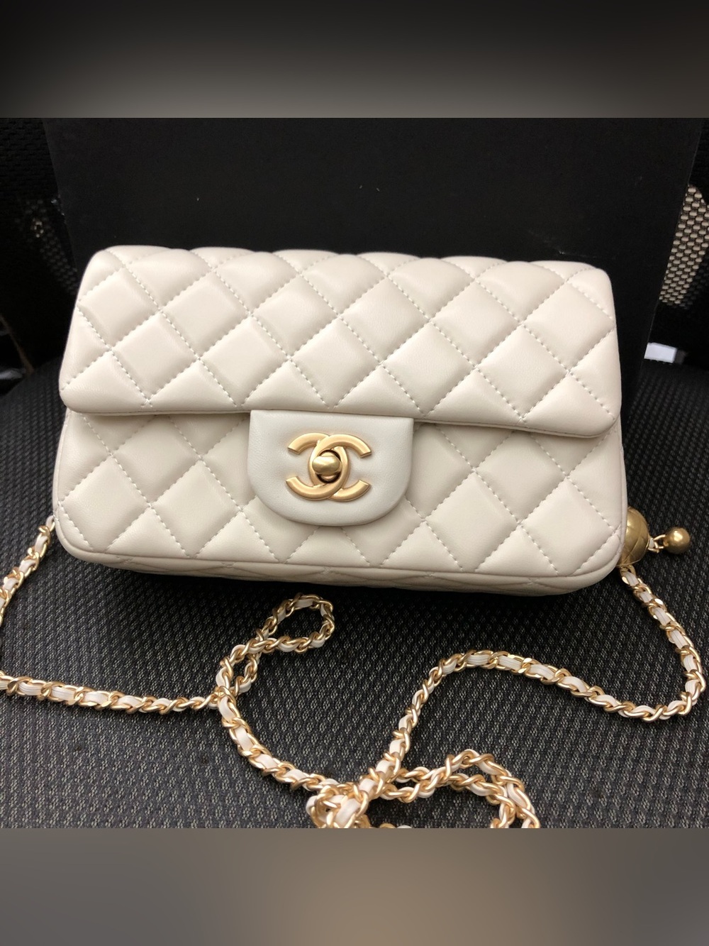 CHANEL Cream Quilted Leather Crossbody with Gold Chain